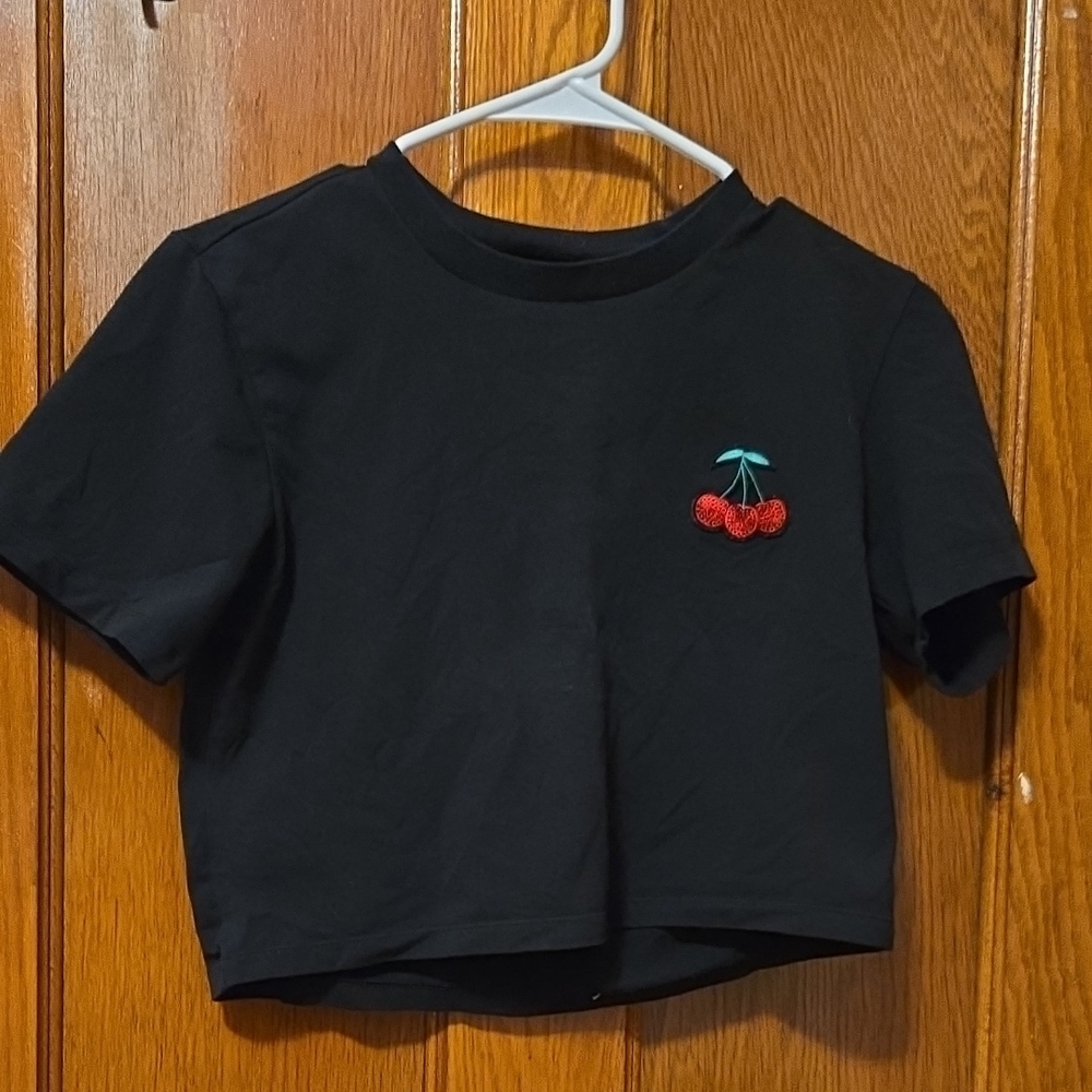 Adidas Black Womans Cropped T-Shirt with Cherry Embroidery